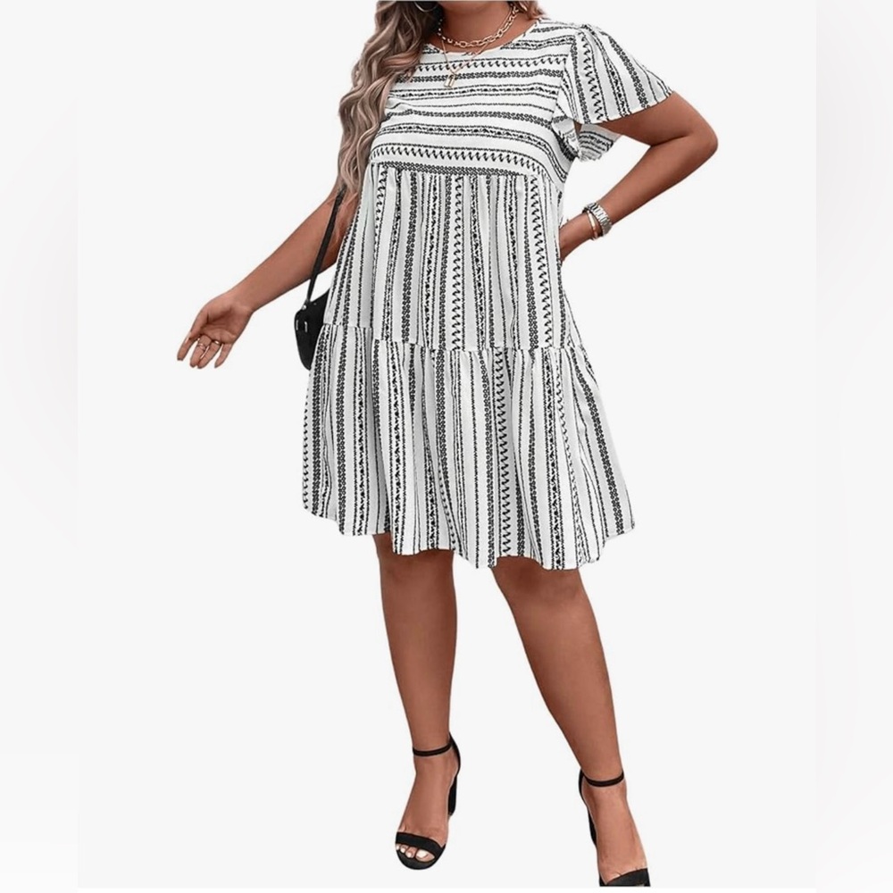 SHEIN Curve+ Tribal Print Ruffle Hem Smock Dress.